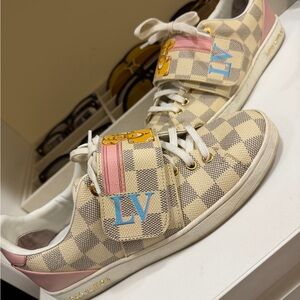Louis Vuitton Beige Damier Canvas Sneakers with Pink and Blue Accents